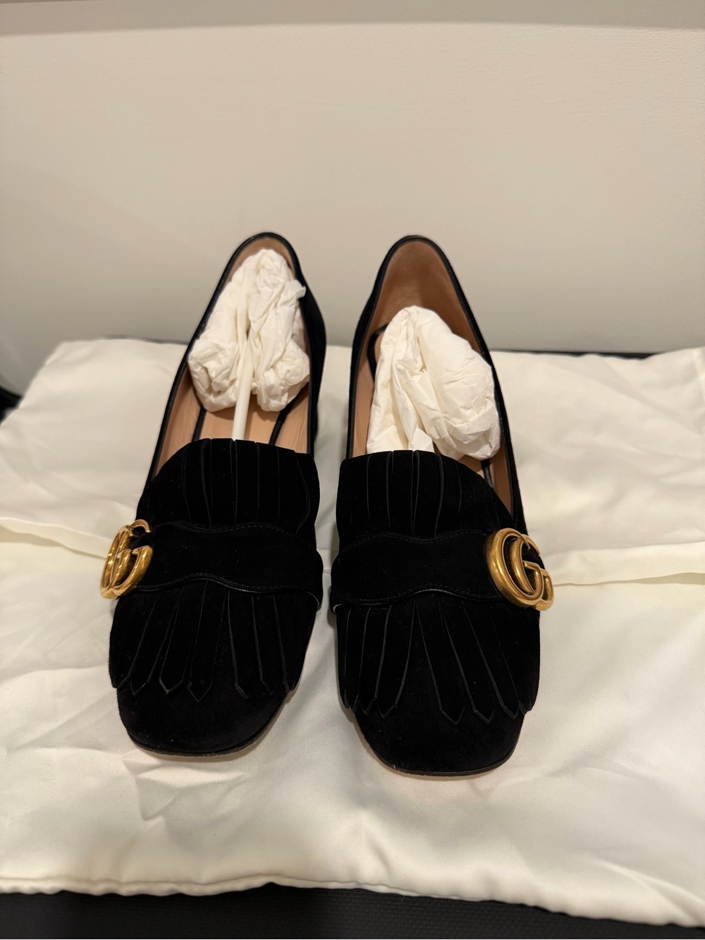 Authentic Gucci Black Suede Fringe Loafers with Gold Double G